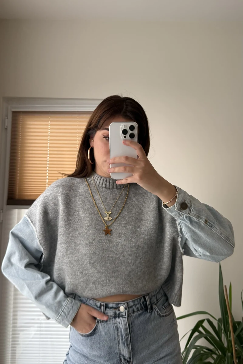 Premium Gri Denim Detay Kazak