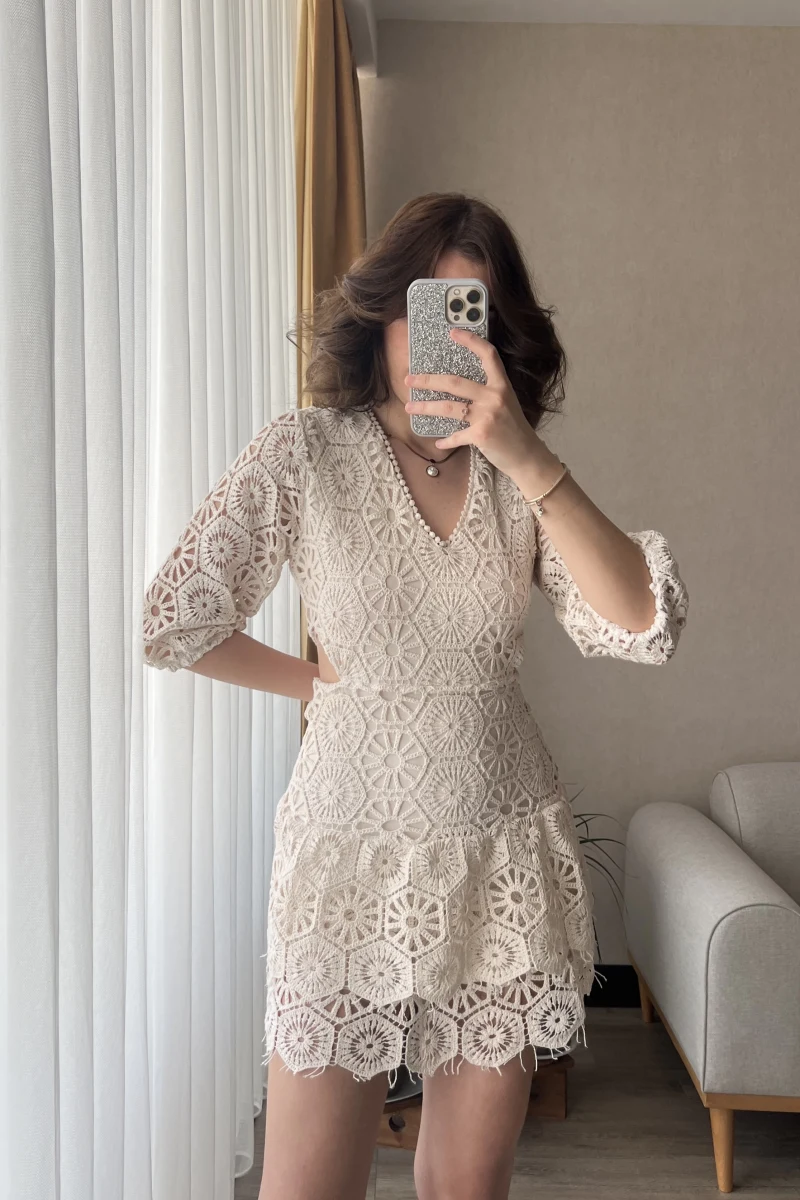 Premium Güpür Krem Elbise