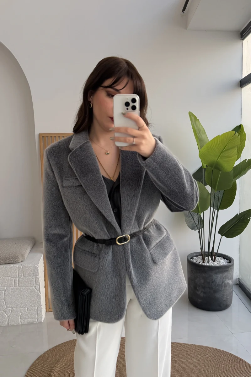 Premium Kemerli Vatkalı Peluş Ceket - Antrasit - Kod: 9490