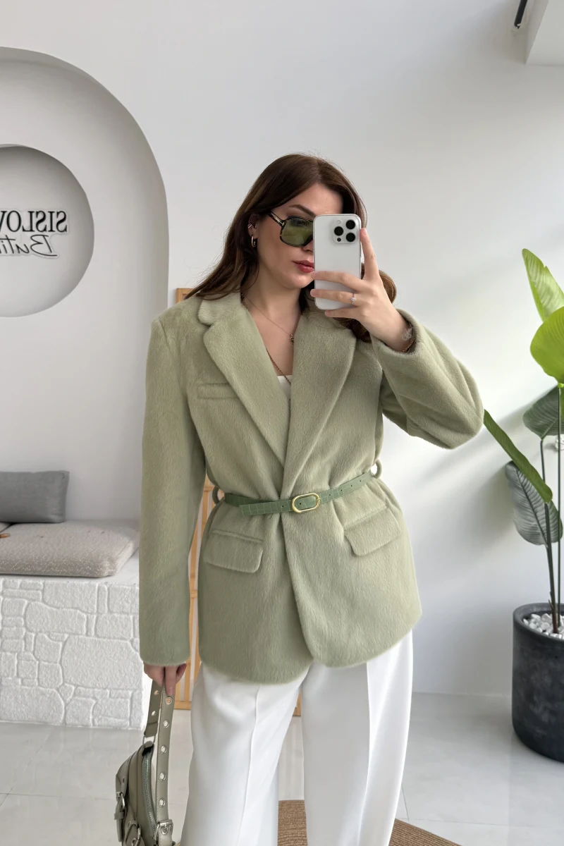 Premium Kemerli Vatkalı Peluş Ceket - Yeşil - Kod: 9490