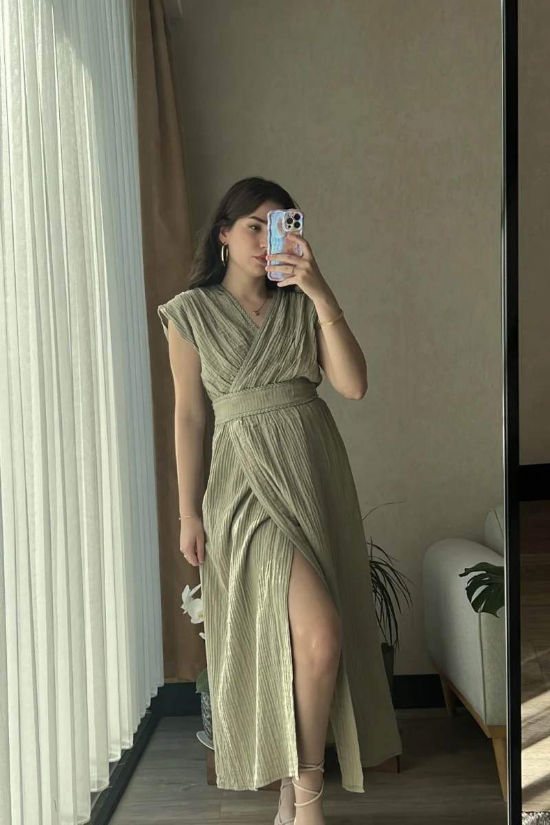 Premium Keten Haki Elbise