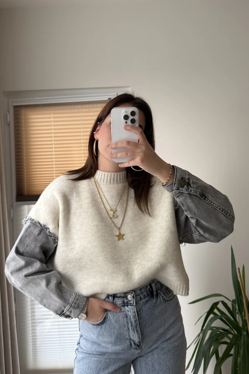 Premium Krem Denim Detay Kazak