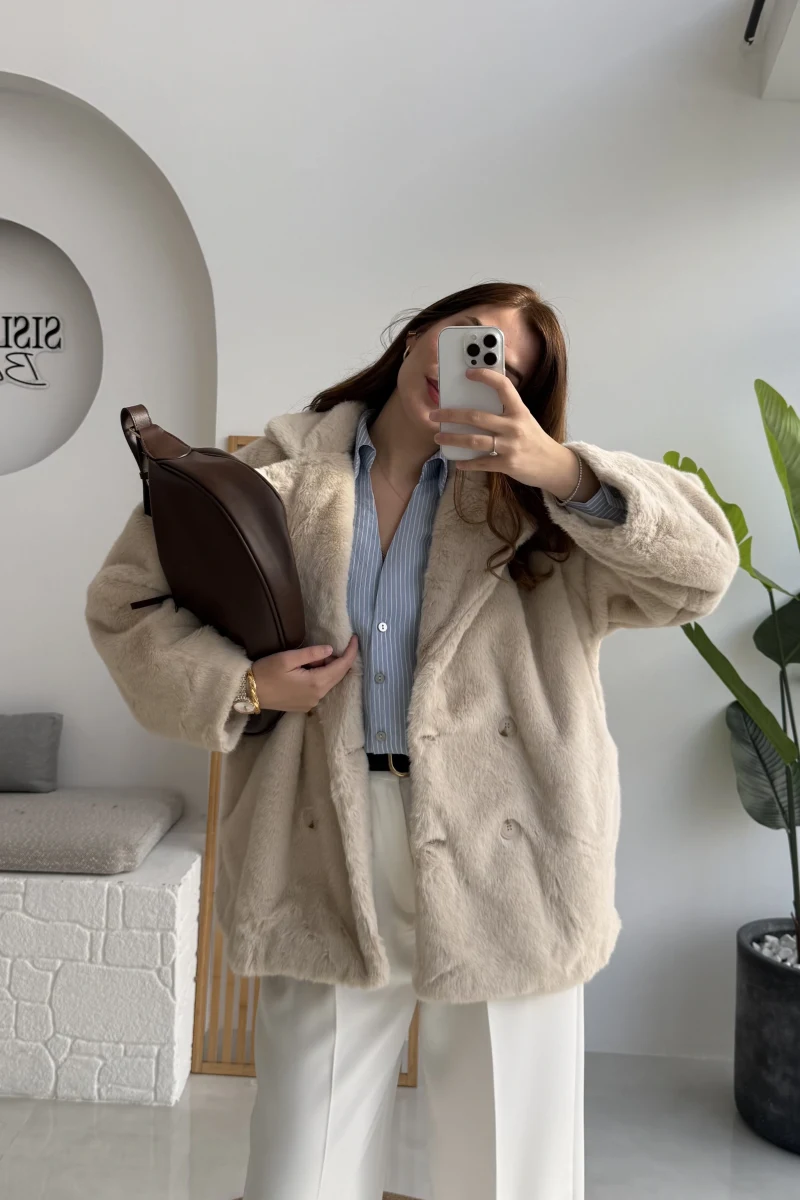 Premium Kürklü Ceket - Bej - Kod: 9621