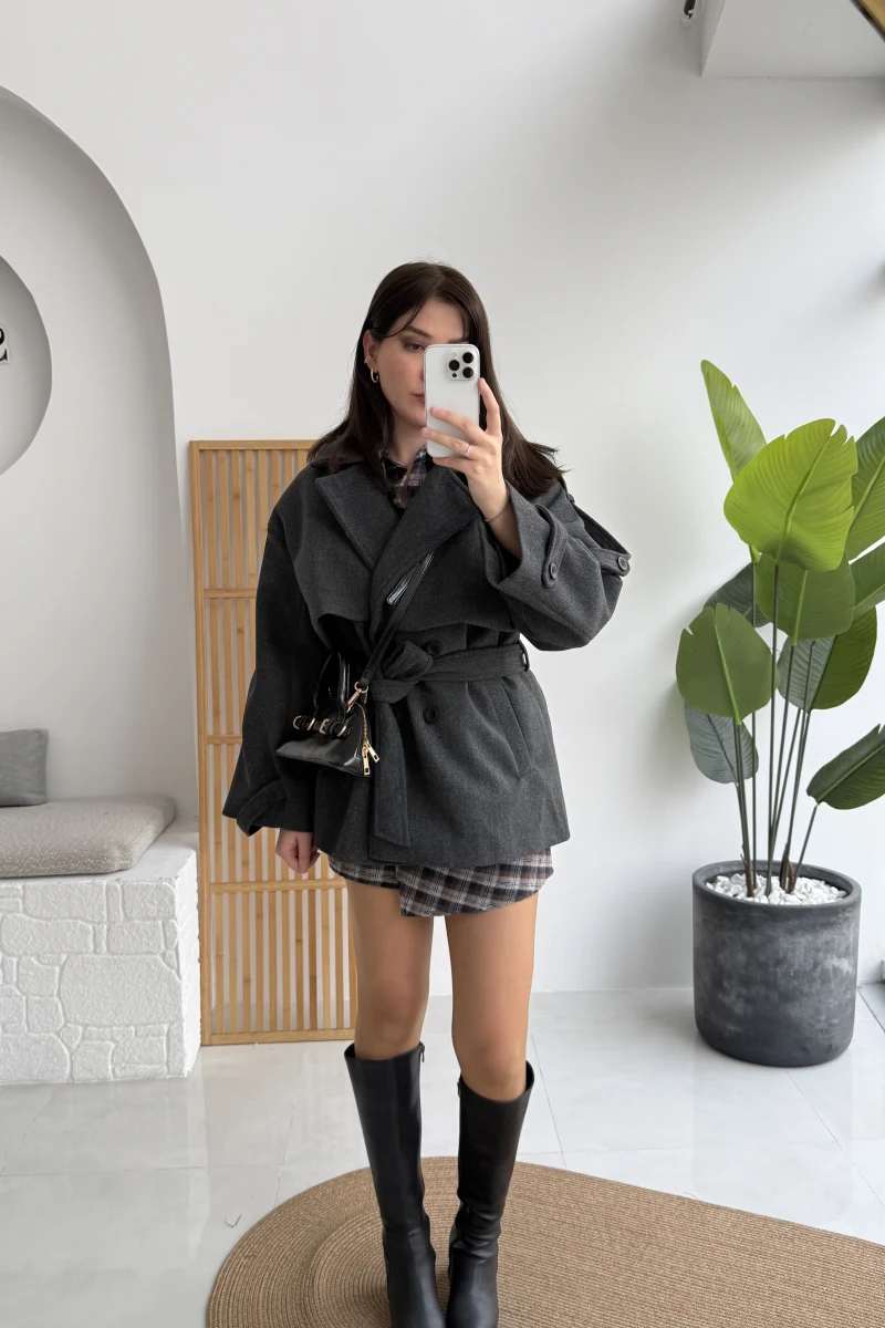 Premium Kuşaklı Kaşe Kaban - Antrasit - Kod: 9669