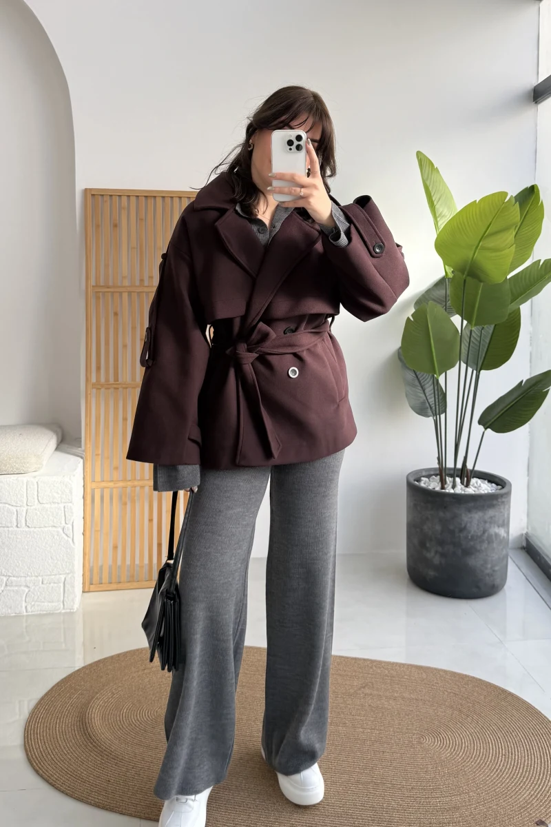 Premium Kuşaklı Kaşe Trenç - Mürdüm Kahve Tonları - Kod: 9669