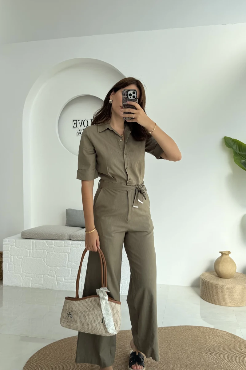 Premium Kuşaklı Uzun Tulum - Haki
