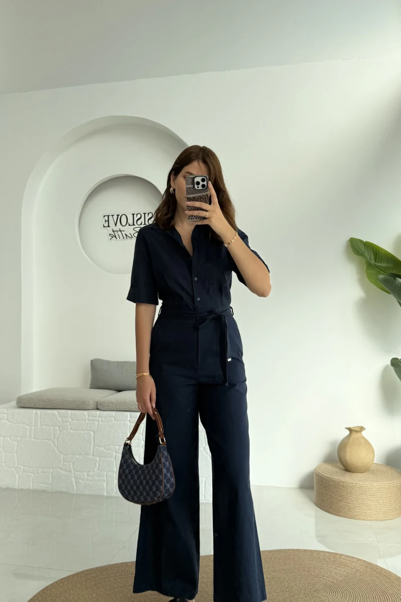 Premium Kuşaklı Uzun Tulum - Lacivert