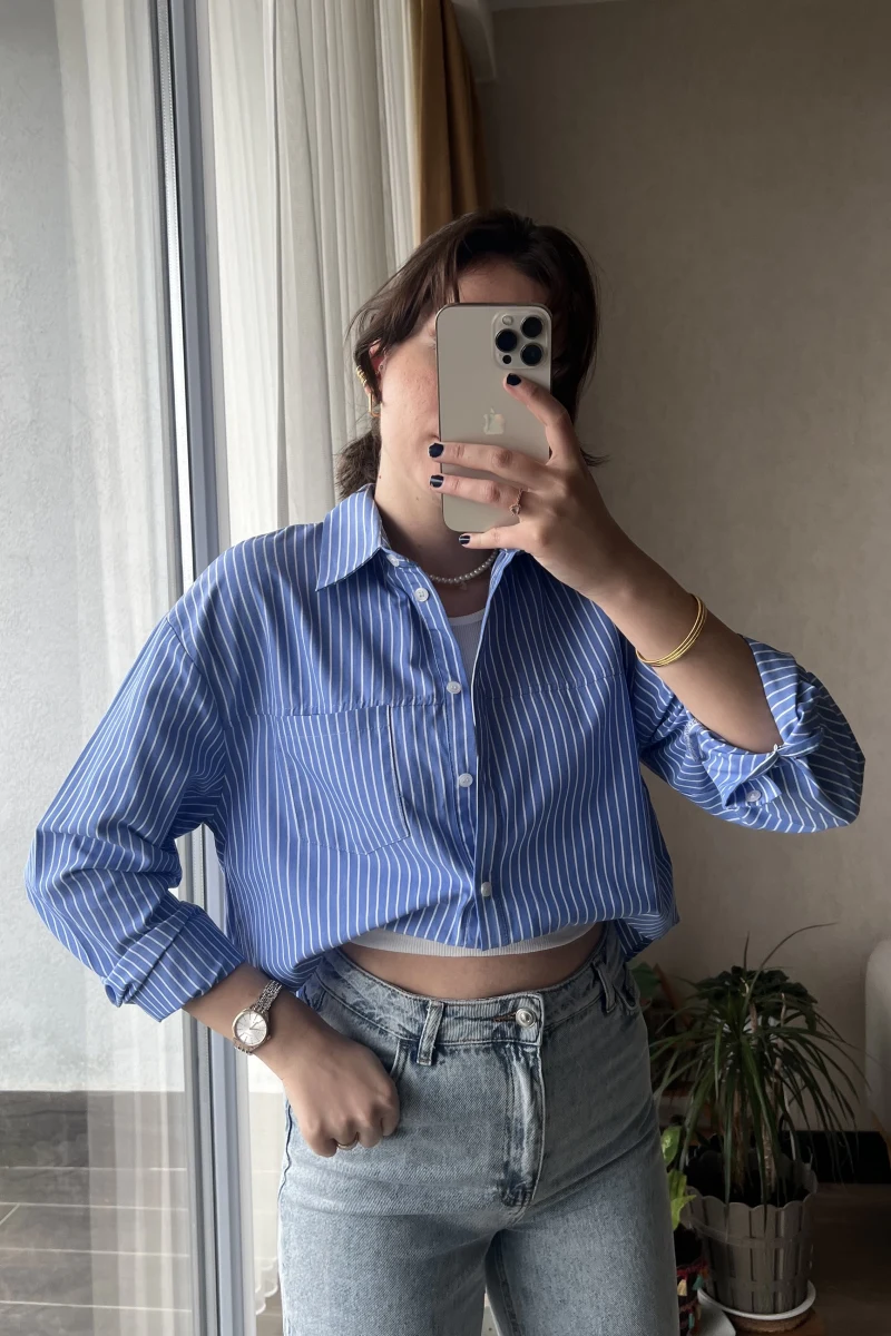 Premium Mavi Çizgili Gömlek&Crop
