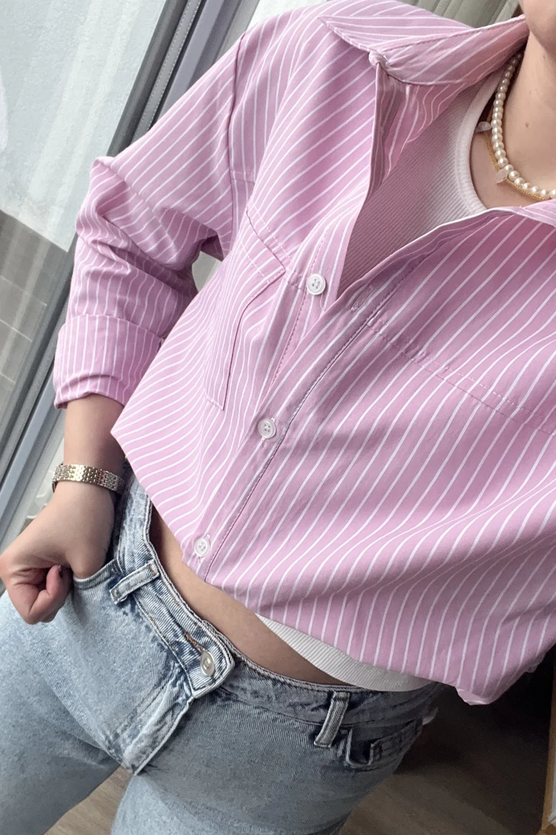 Premium Pembe Çizgili Gömlek&Crop
