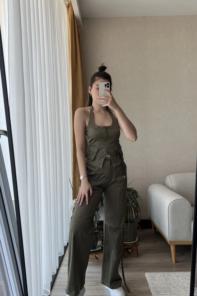 Premium Saten Yelekli Takım Haki Rengi