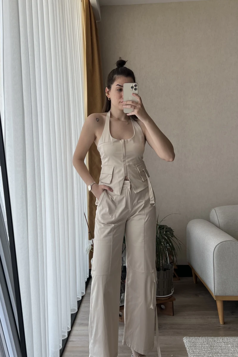 Premium Saten Yelekli Takım Krem Rengi