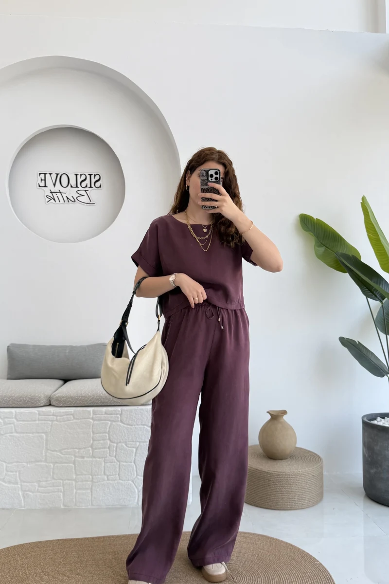 Premium Tensel Bluz Pantolon Takım - Bordo - 51163