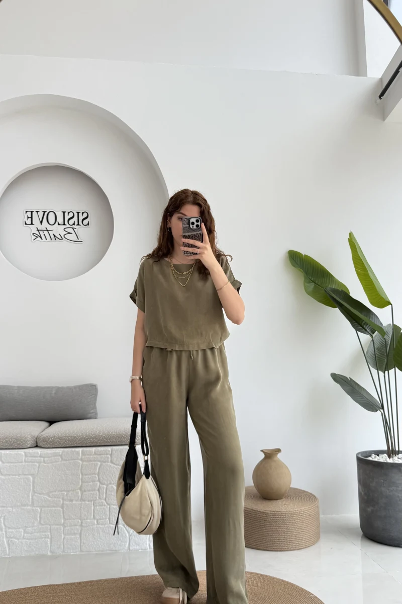 Premium Tensel Bluz Pantolon Takım - Haki - 51163
