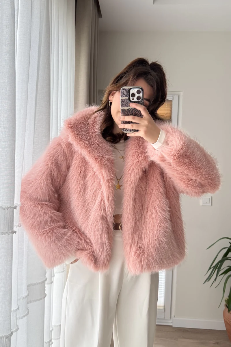 Premium Yakalı Kürk Pembe