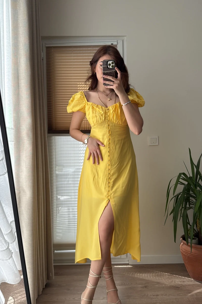 Prenses Yaka Sarı Astarlı Elbise