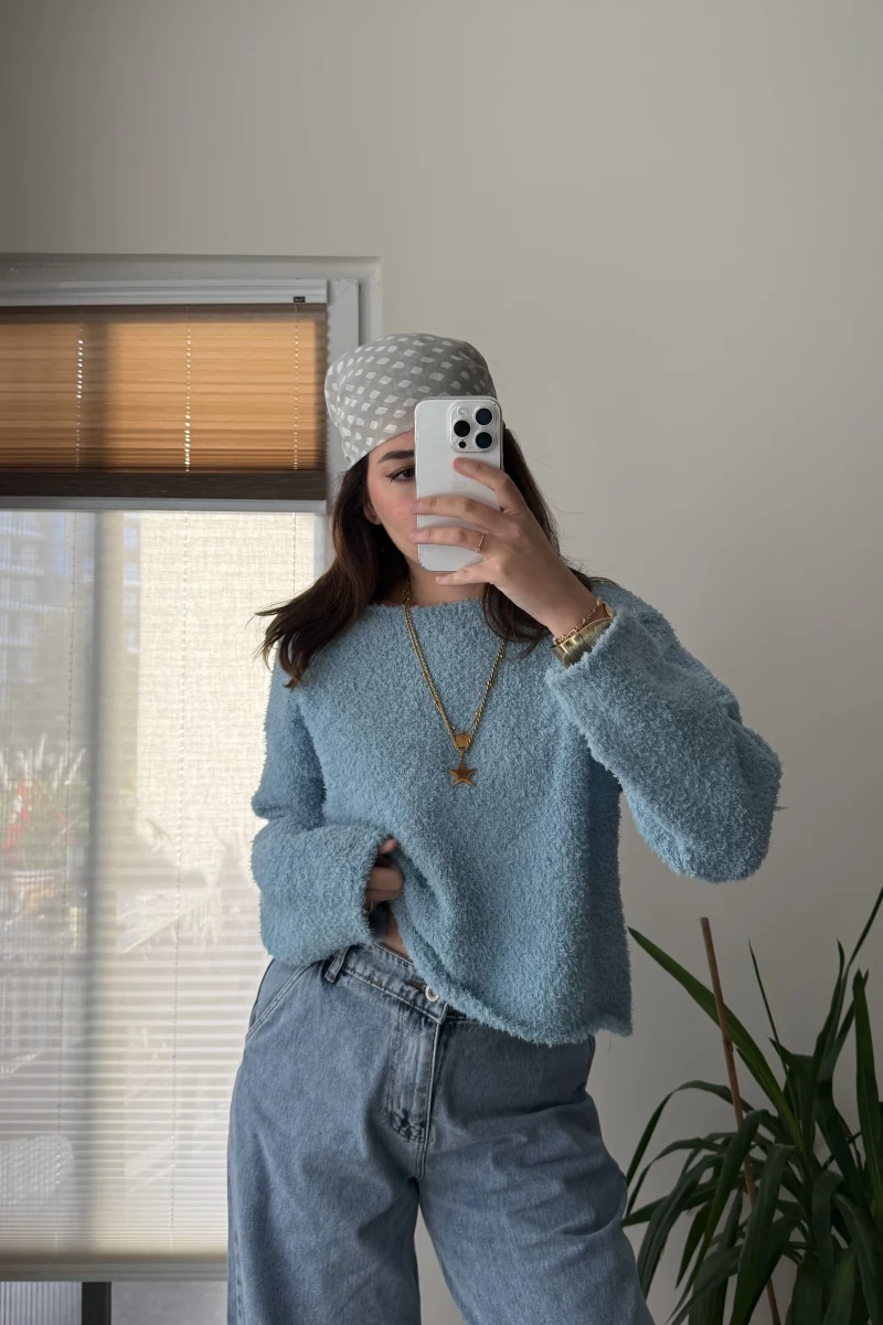 Puffy Kumaş Kayık Yaka Mavi