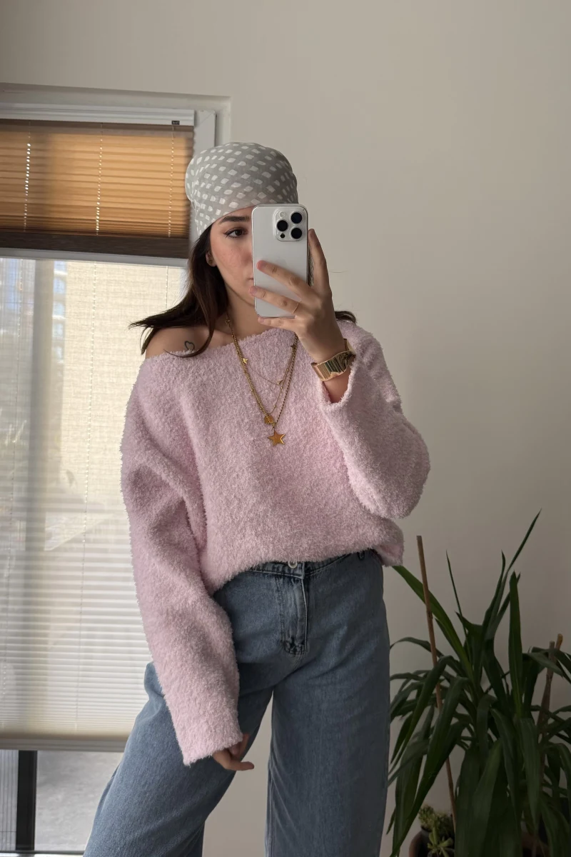 Puffy Kumaş Kayık Yaka Pembe