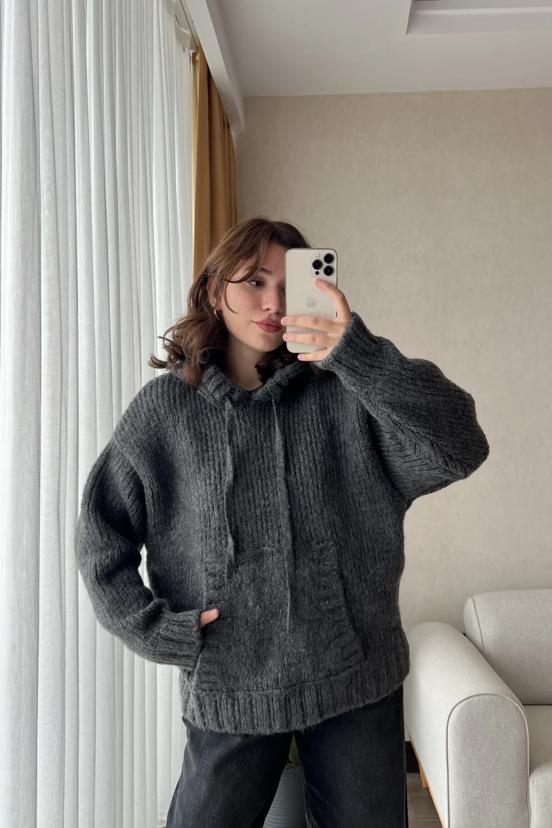 Puffy Oversize Örgü Sweatshirt Antrasit