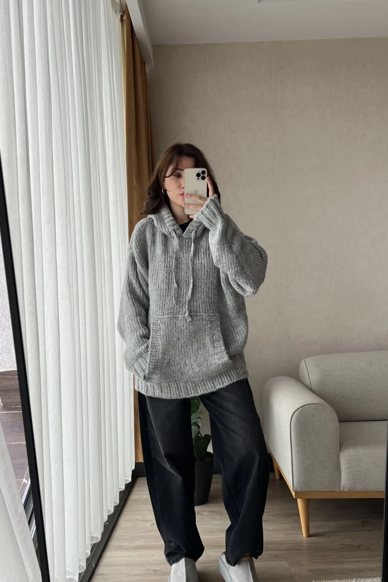 Puffy Oversize Örgü Sweatshirt Gri