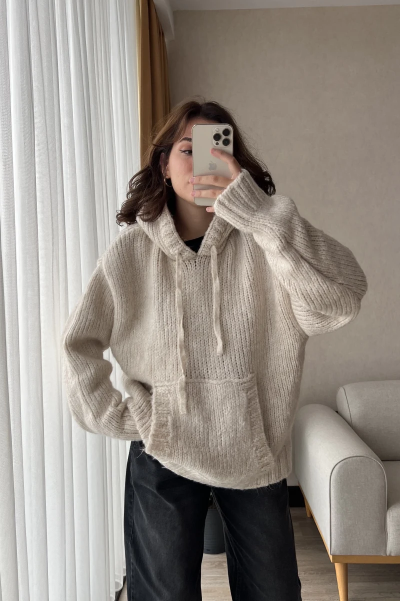 Puffy Oversize Örgü Sweatshirt Krem