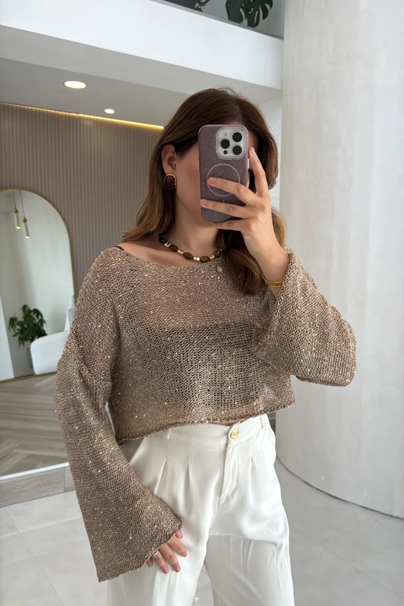 Pullu Kayık Yaka Crop Üst - Bej - Kod: 2765