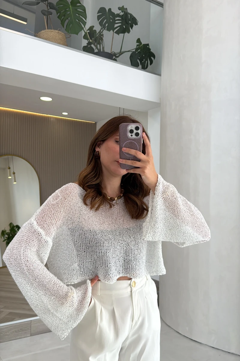 Pullu Kayık Yaka Crop Üst - Ekru - Kod: 2765