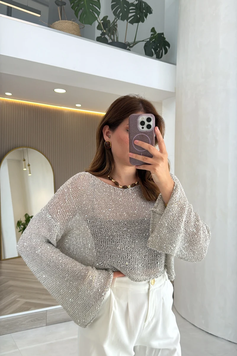 Pullu Kayık Yaka Crop Üst - Gri - Kod: 2765
