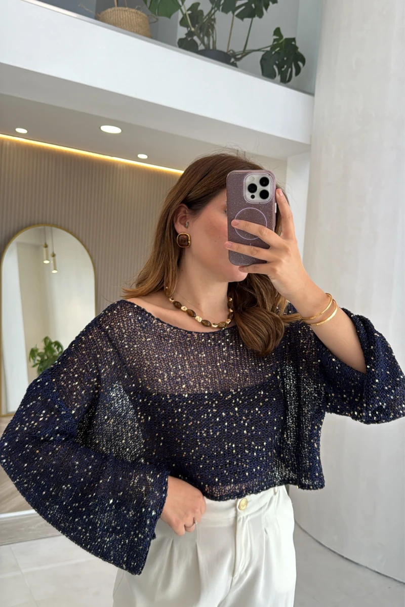 Pullu Kayık Yaka Crop Üst - Lacivert - Kod: 2765