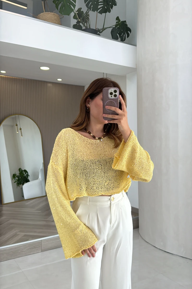 Pullu Kayık Yaka Crop Üst - Sarı - Kod: 2765