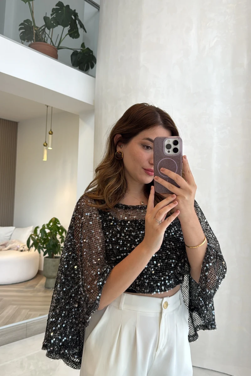 Pullu Pelerin Bluz - Siyah - Kod: 1119