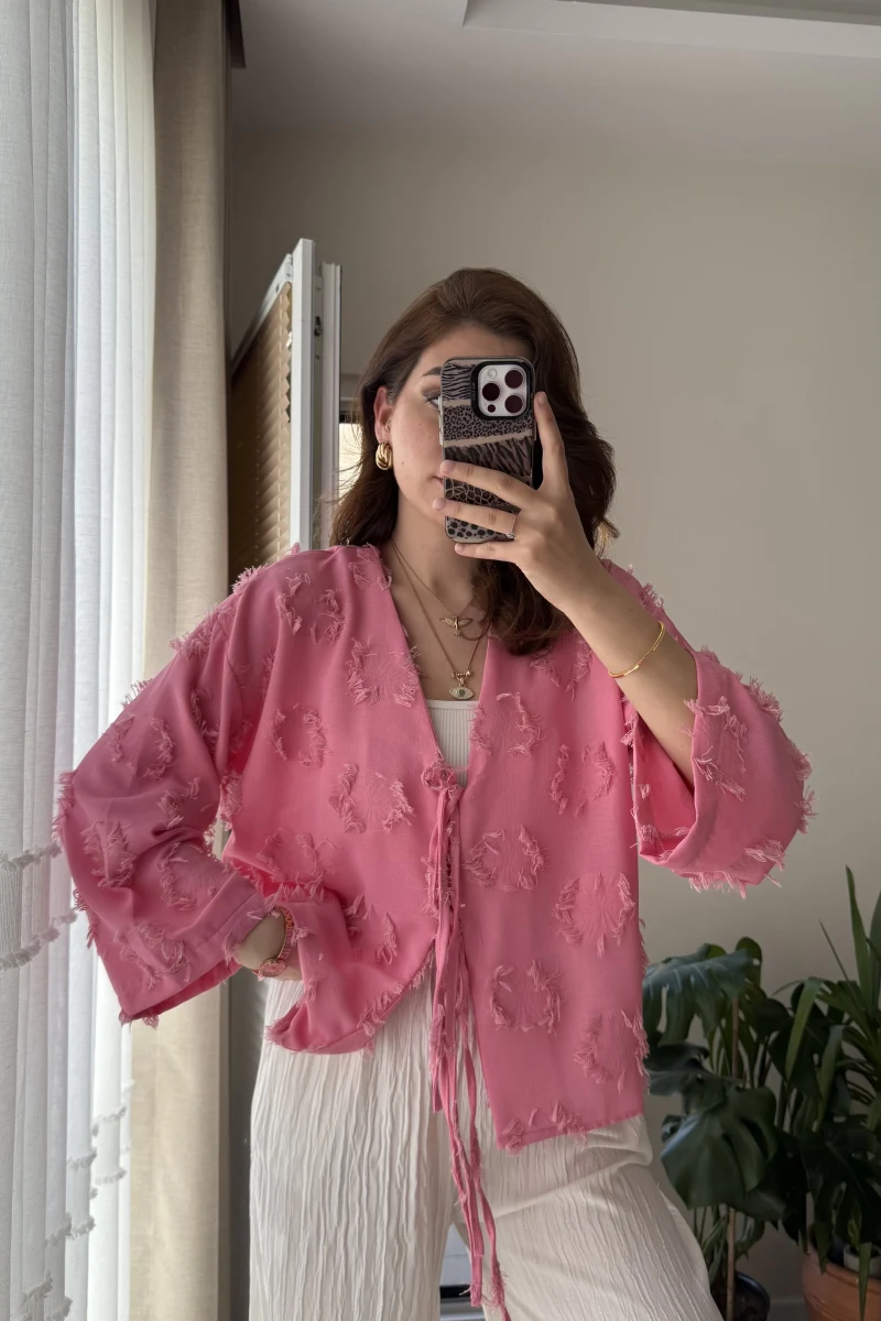 Püskül Detay Bağlamalı Gömlek Pembe