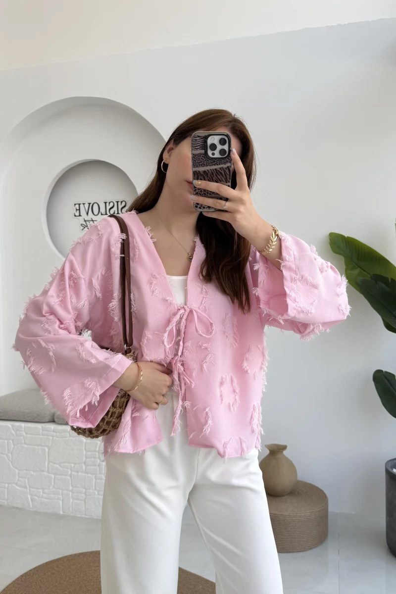 Püskül Detay Bağlamalı Gömlek - Toz Pembe