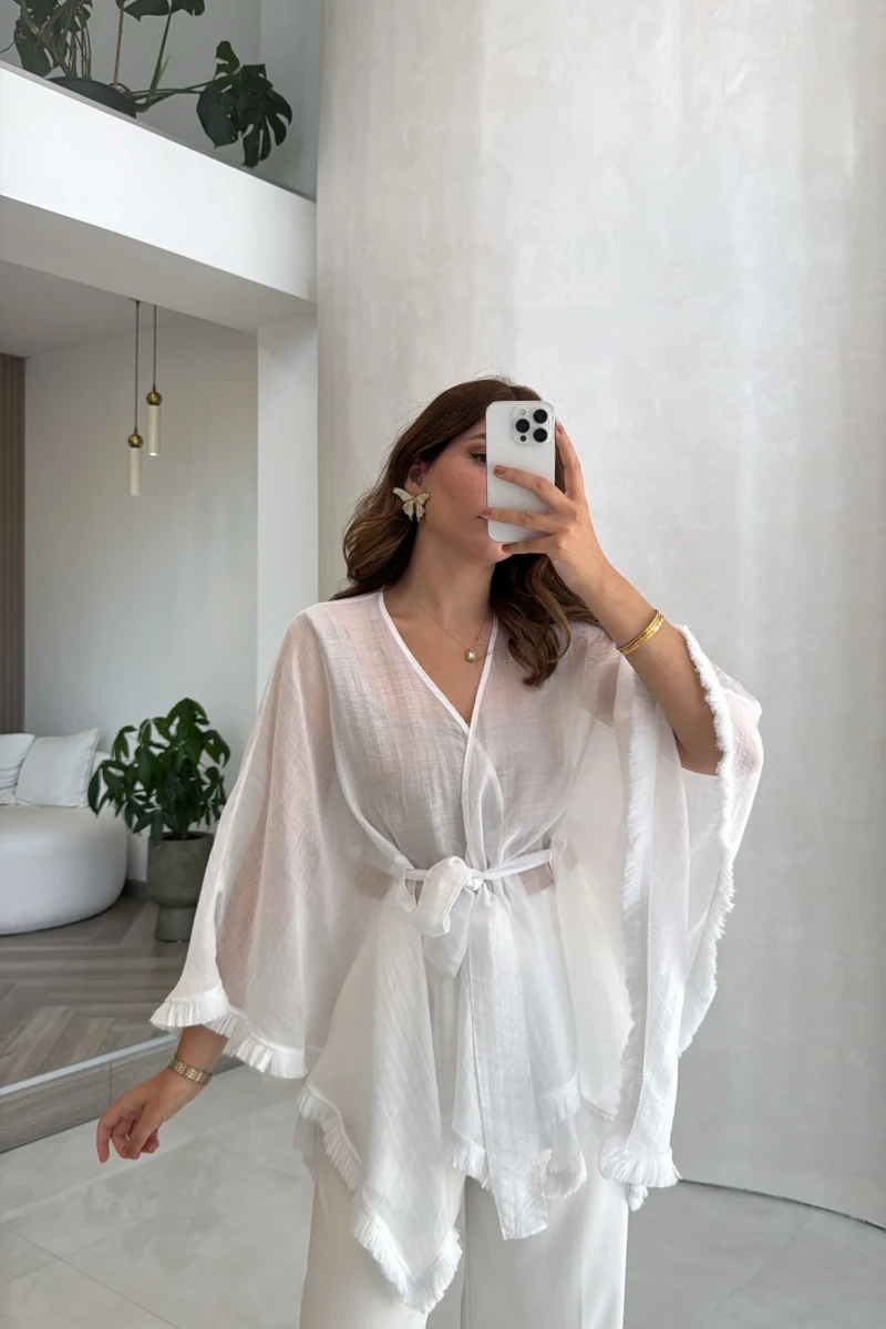 Püsküllü Kimono - Beyaz - Kod: 5101