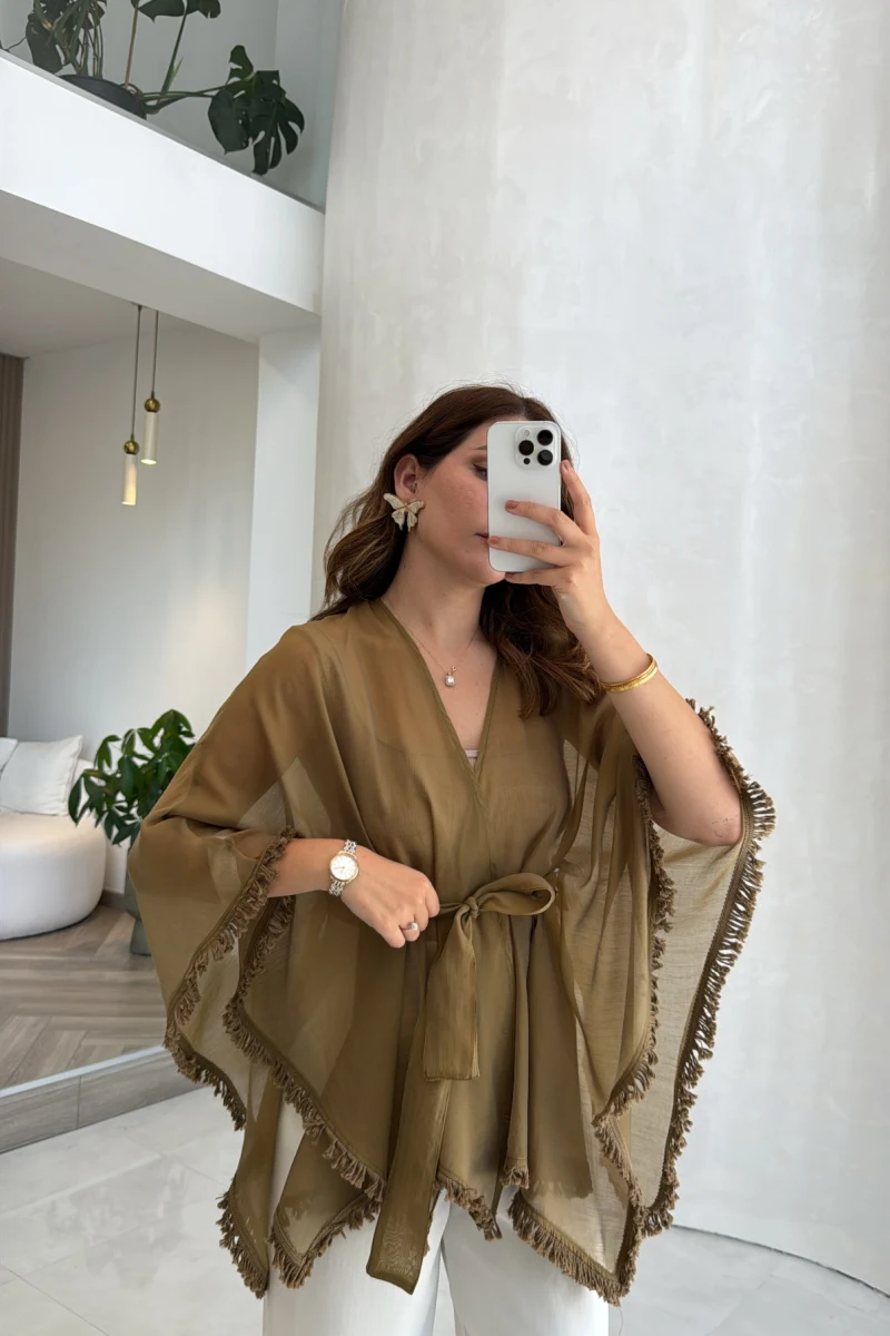 Püsküllü Kimono - Olive - Kod: 5101