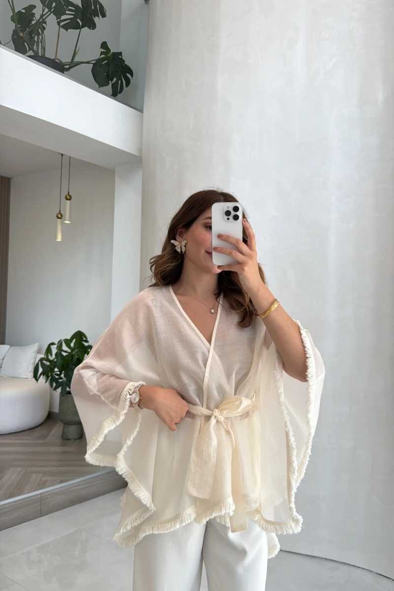 Püsküllü Kimono - Taş - Kod: 5101