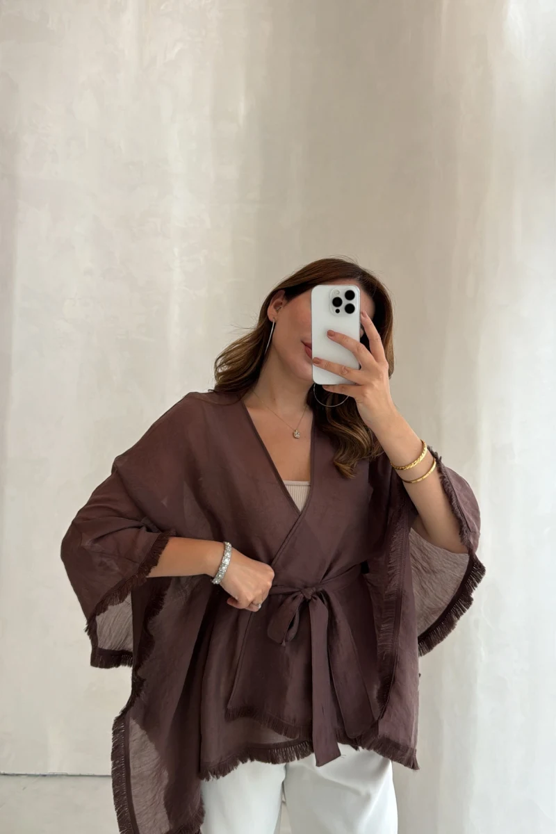 Püsküllü Kuşaklı Kimono - Kahverengi - Kod: 5101