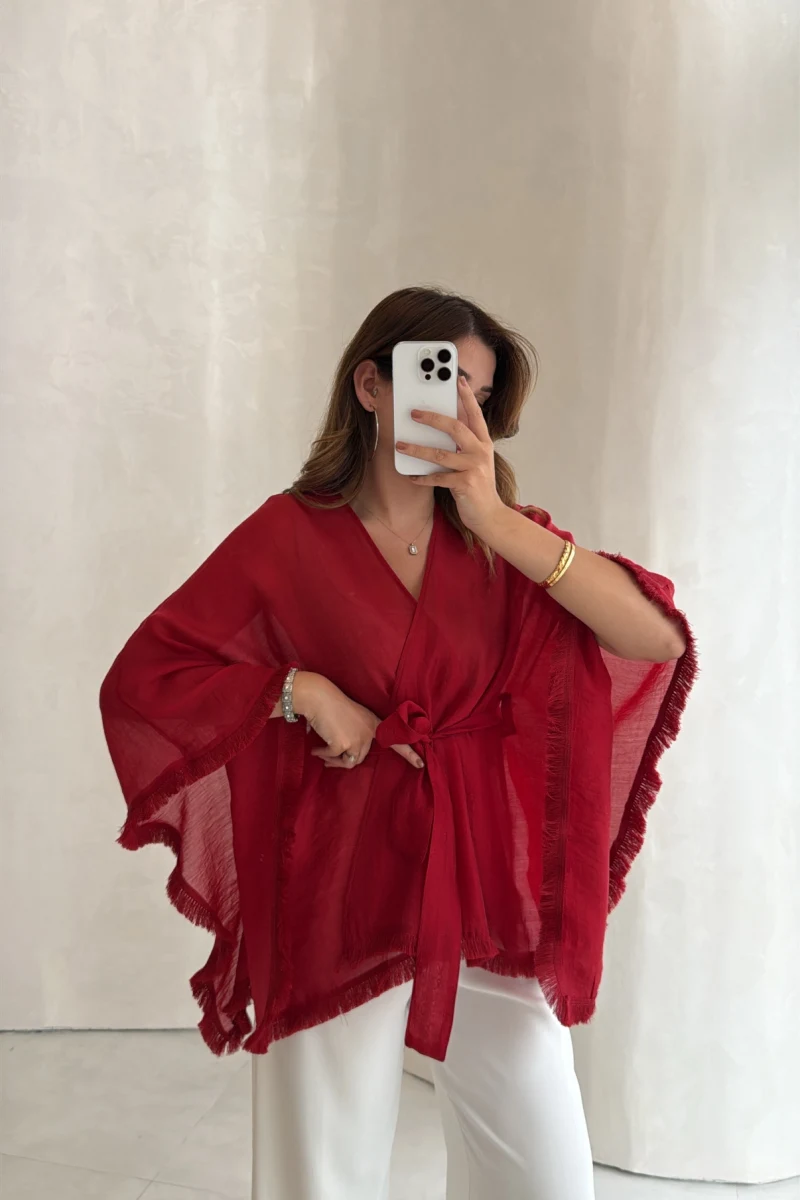 Püsküllü Kuşaklı Kimono - Kırmızı - Kod: 5101
