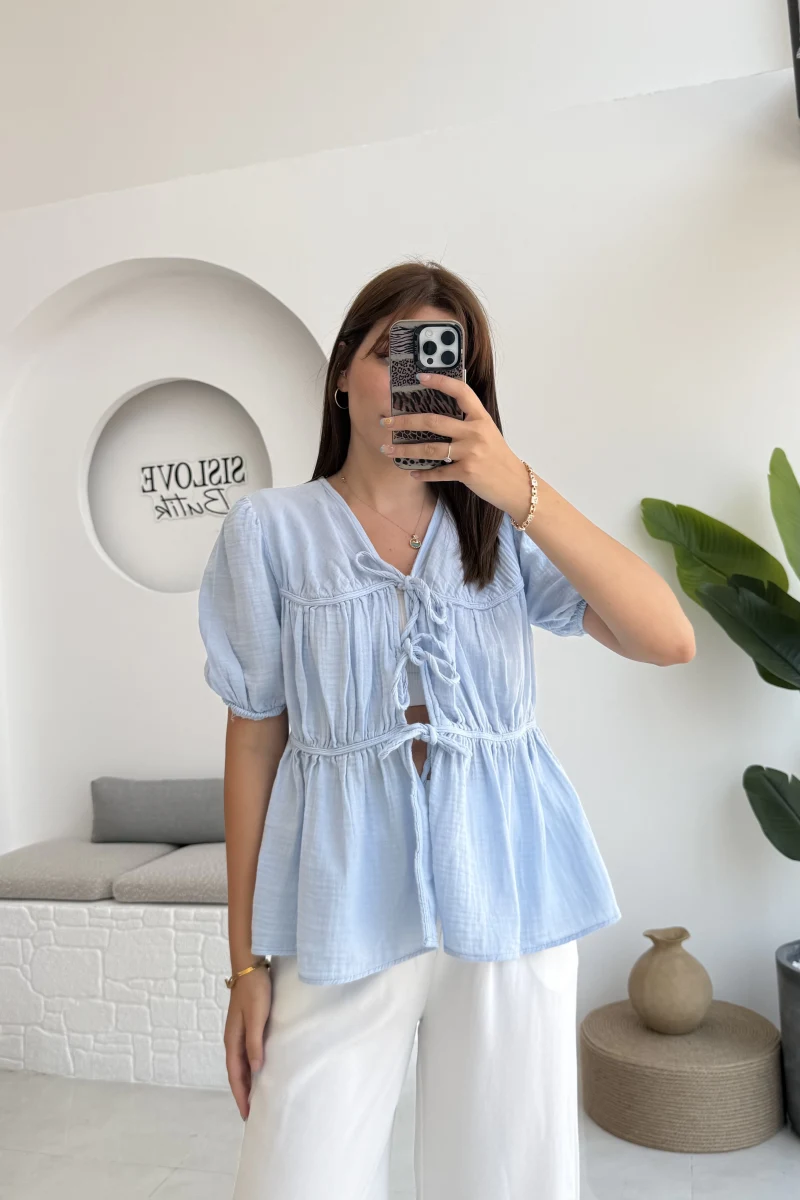 Rachel Bağlamalı Bluz Müslin Kumaş Bebe Mavisi - 1024
