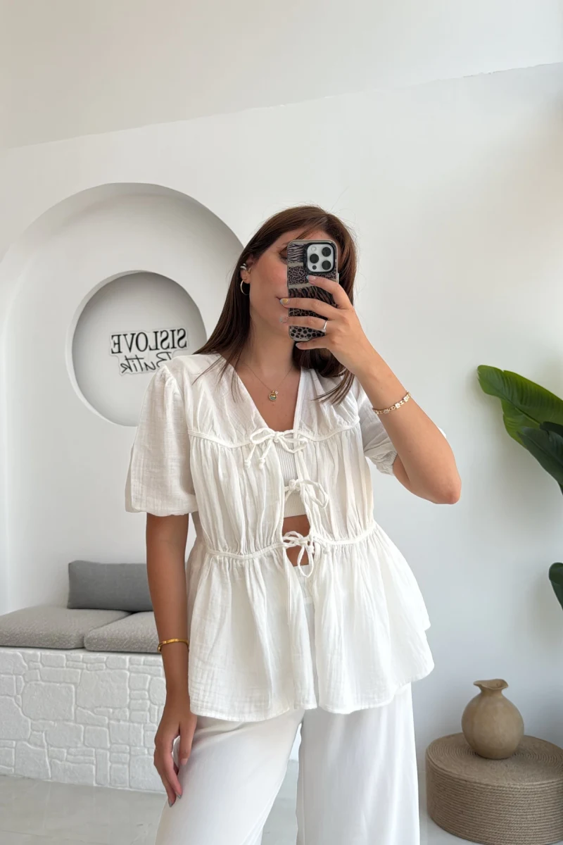 Rachel Bağlamalı Bluz Müslin Kumaş Beyaz - 1024