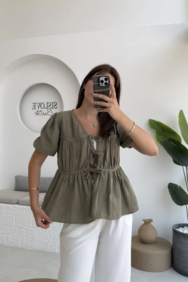 Rachel Bağlamalı Bluz Müslin Kumaş Haki - 1024