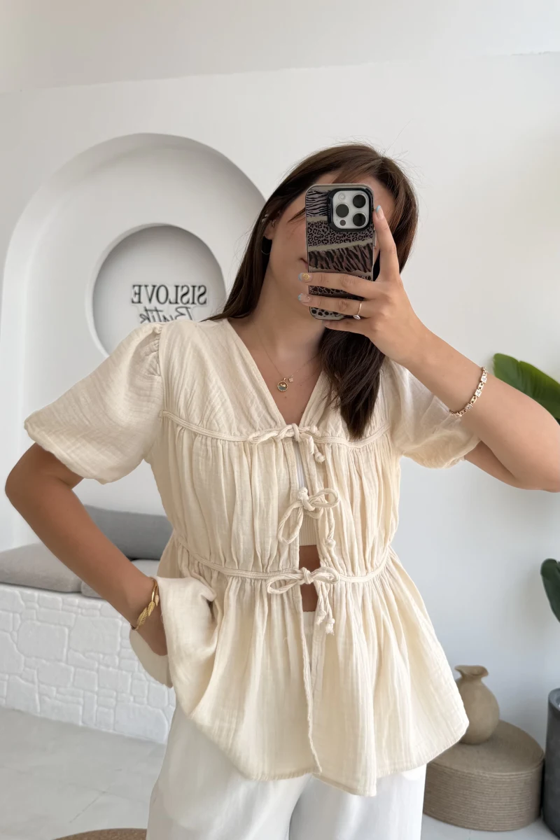 Rachel Bağlamalı Bluz Müslin Kumaş Krem - 1024