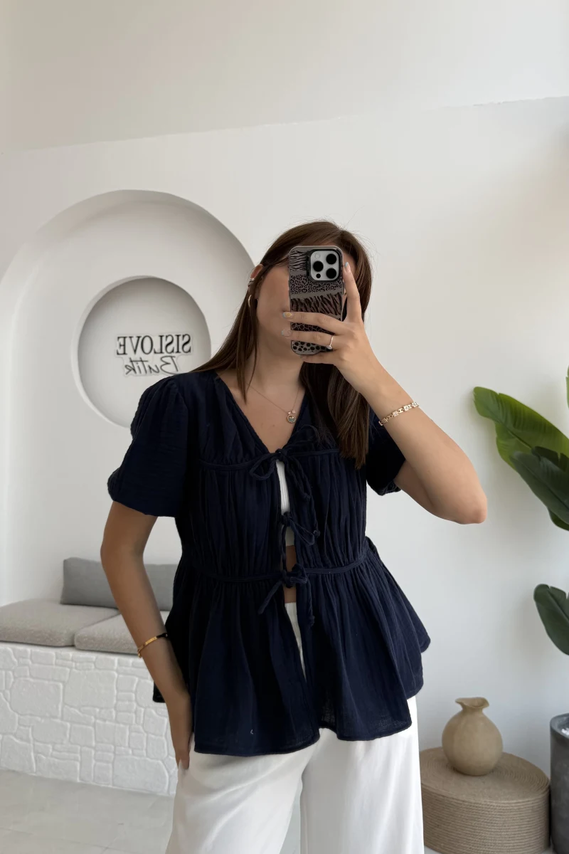 Rachel Bağlamalı Bluz Müslin Kumaş Lacivert - 1024