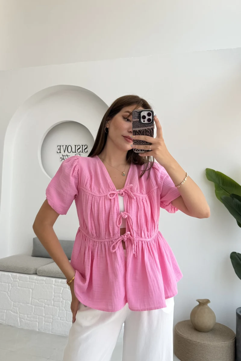 Rachel Bağlamalı Bluz Müslin Kumaş Pembe - 1024