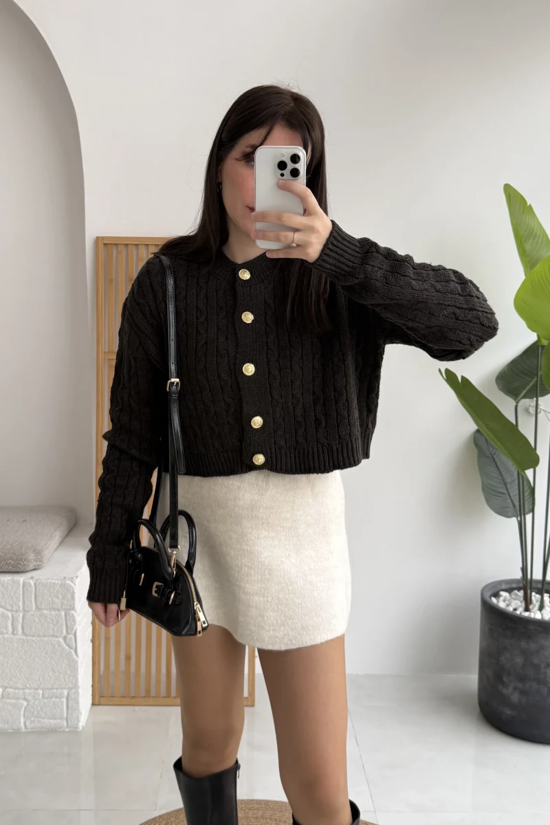 Rachel Gold Düğme Detay Crop Hırka - Acı Kahve