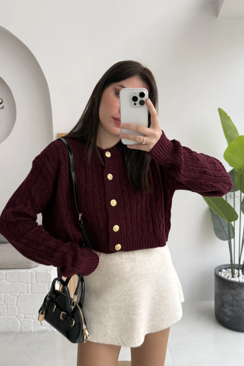 Rachel Gold Düğme Detay Crop Hırka - Bordo