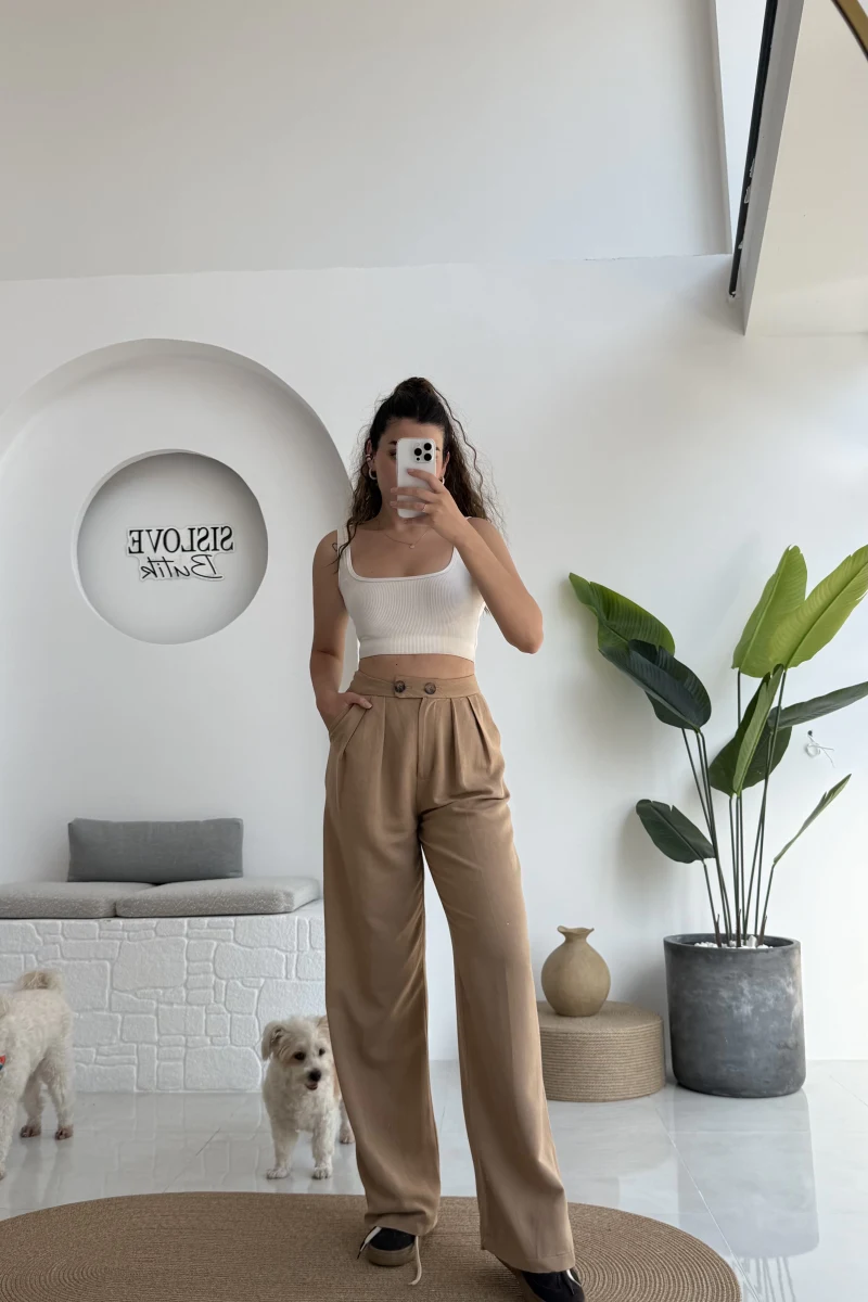 Rain Viskon Keten Pantolon - Camel - 50467