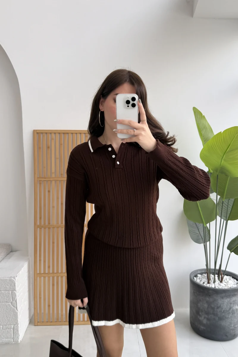 Rakel Polo Yaka Saç Örgülü Triko Mini Etek Takım - Acı Kahve