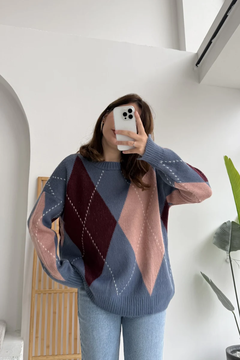 Renkli Baklava Desenli Kazak - Mavi