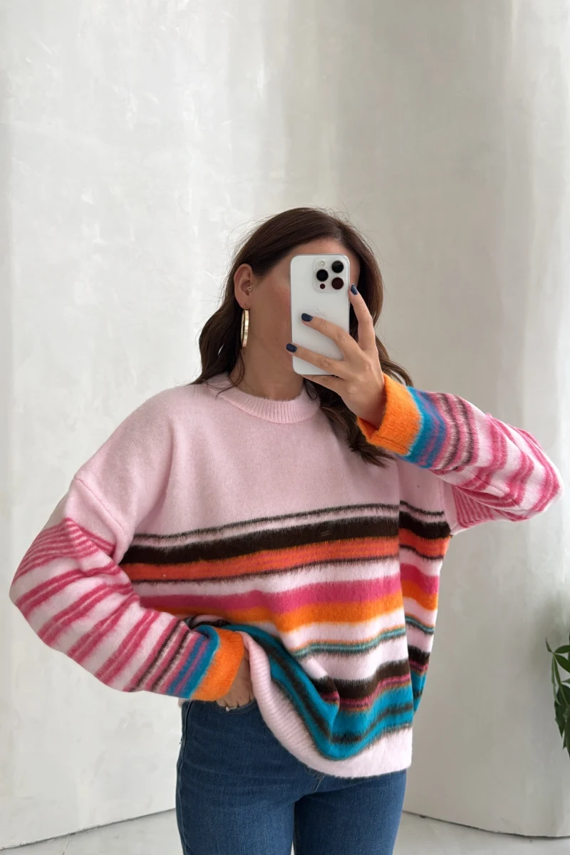 Renkli Çizgili Kazak - Pembe - Kod: 5594