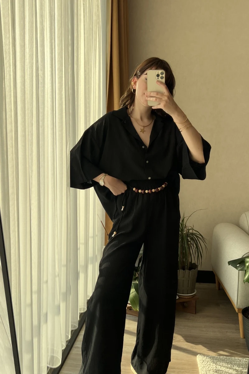 Reyho Siyah Kemerli Gömlek Pantolon Takım